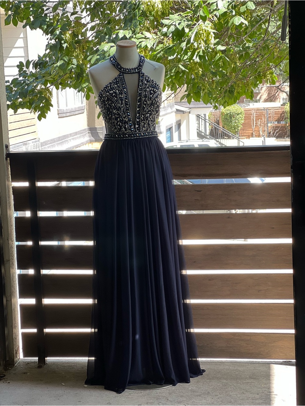 Sequin Hearts Navy Beaded Halter Prom Gown